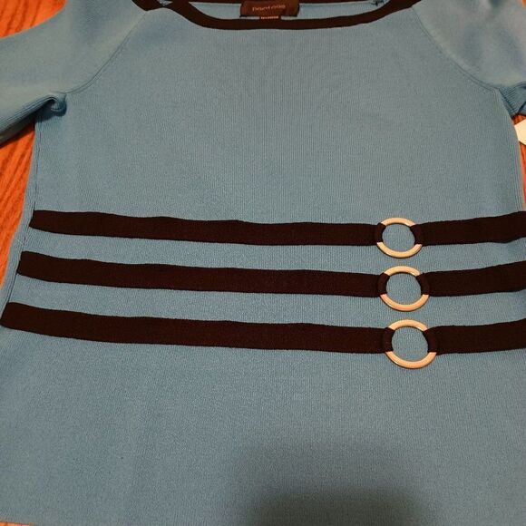 Pointelle turquoise/black bateau neck knit top sweater size S - Picture 5 of 6